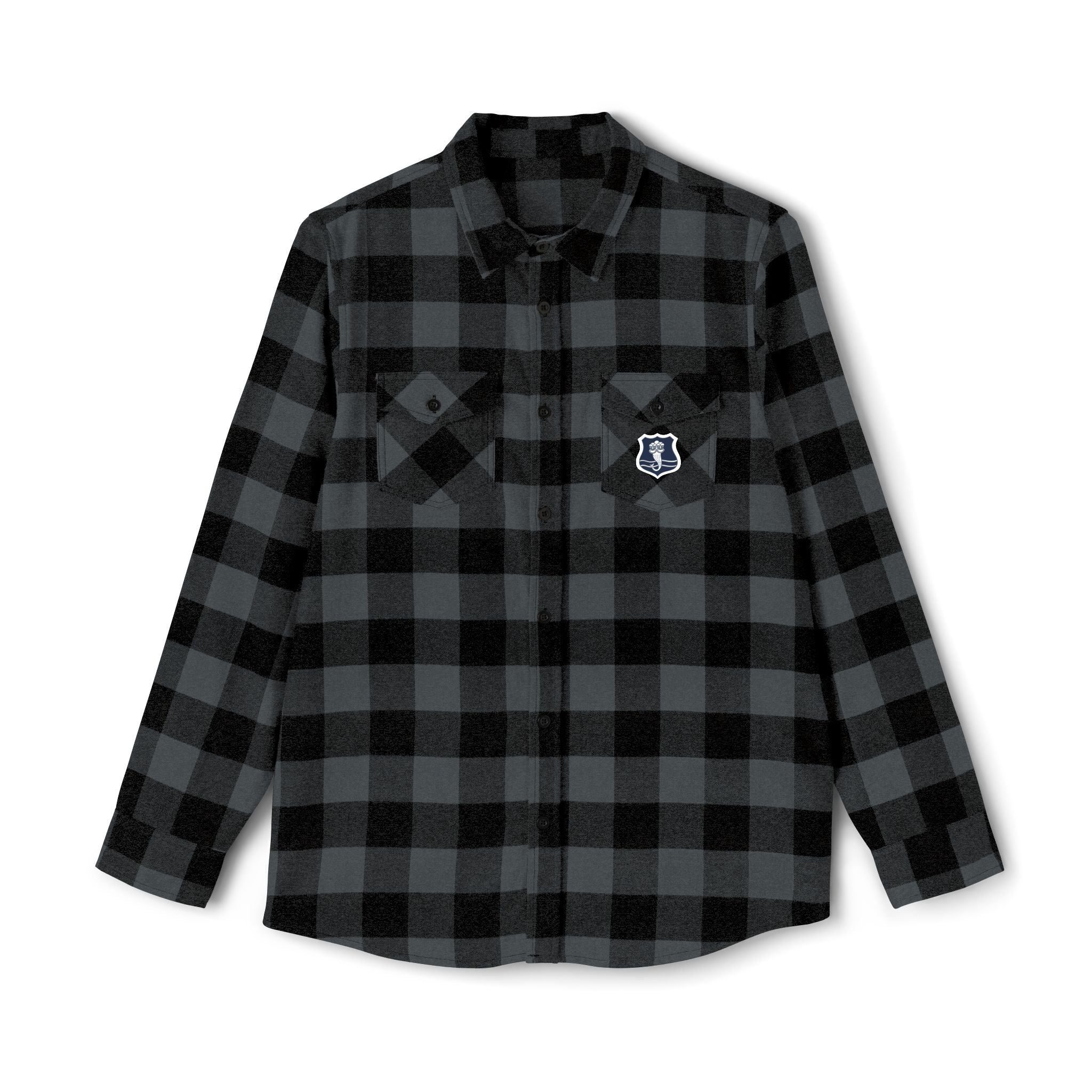 Black Gray Buffalo Plaid Flannel Shirt with Shield Patch
