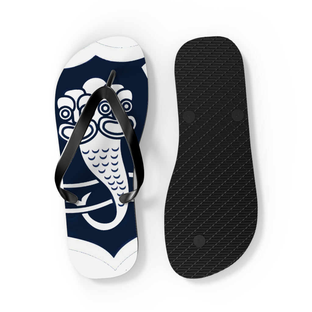 Navy Guardian Lion Flip Flops – Mythic Asian-Inspired Beach Sandals