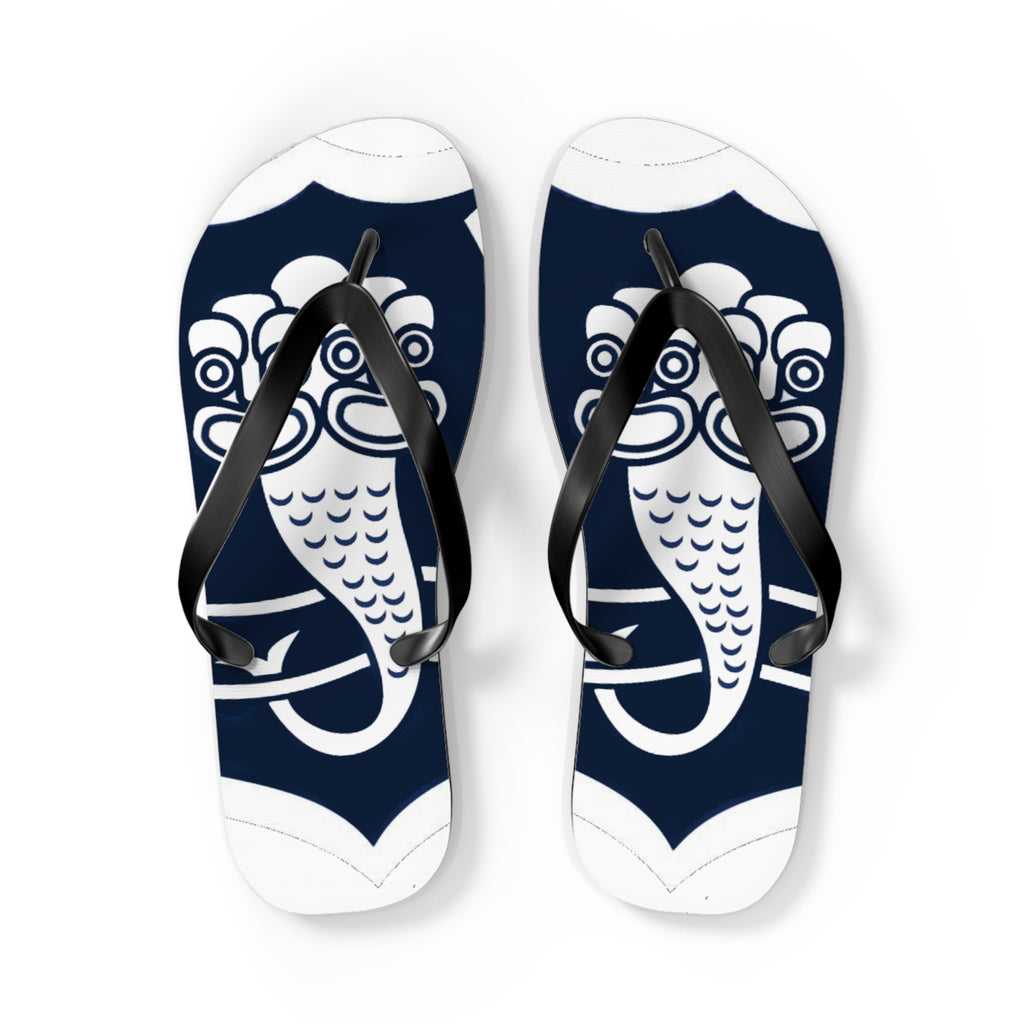 Navy Guardian Lion Flip Flops – Mythic Asian-Inspired Beach Sandals