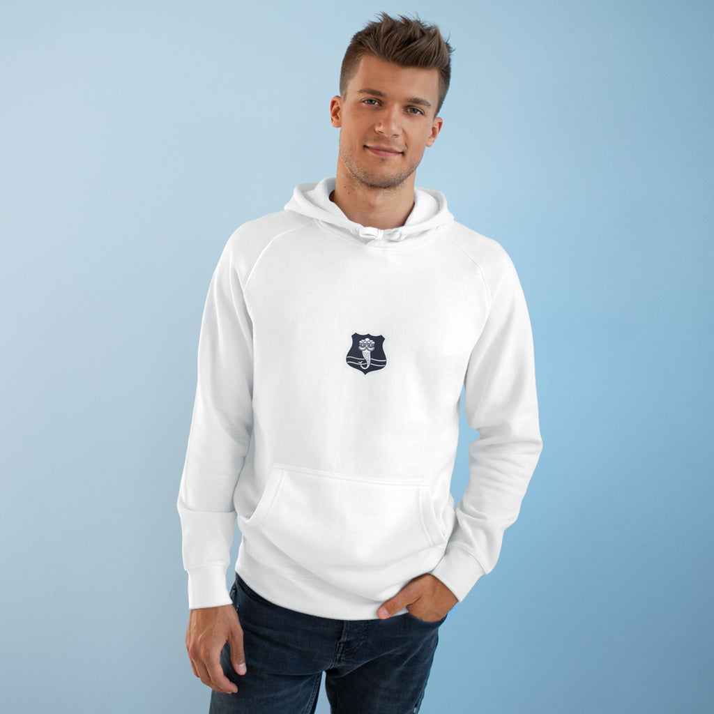 Minimalist Shield Patch Hoodie — Small Chest Crest Logo