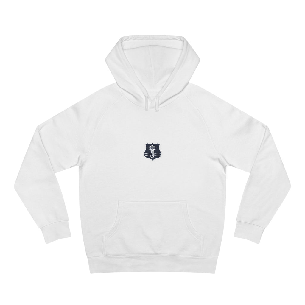 Minimalist Shield Patch Hoodie — Small Chest Crest Logo