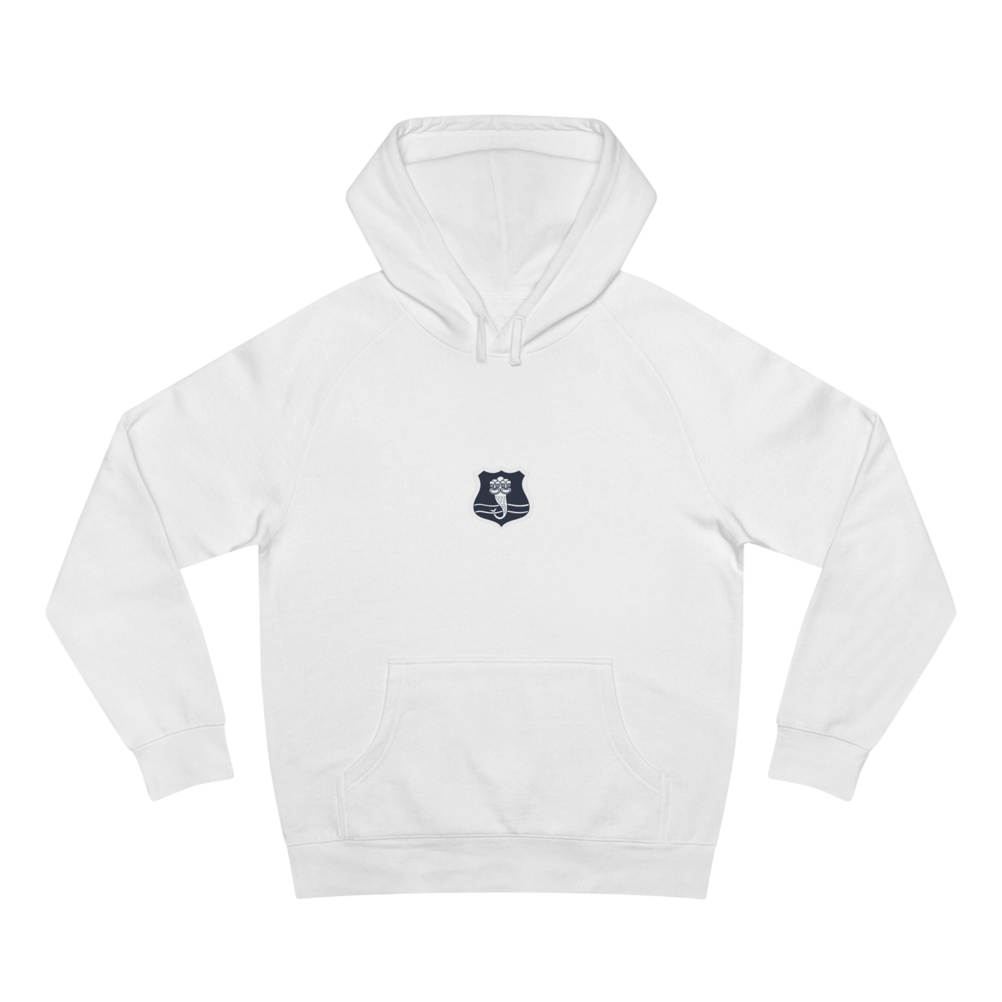 Minimalist Shield Patch Hoodie — Small Chest Crest Logo