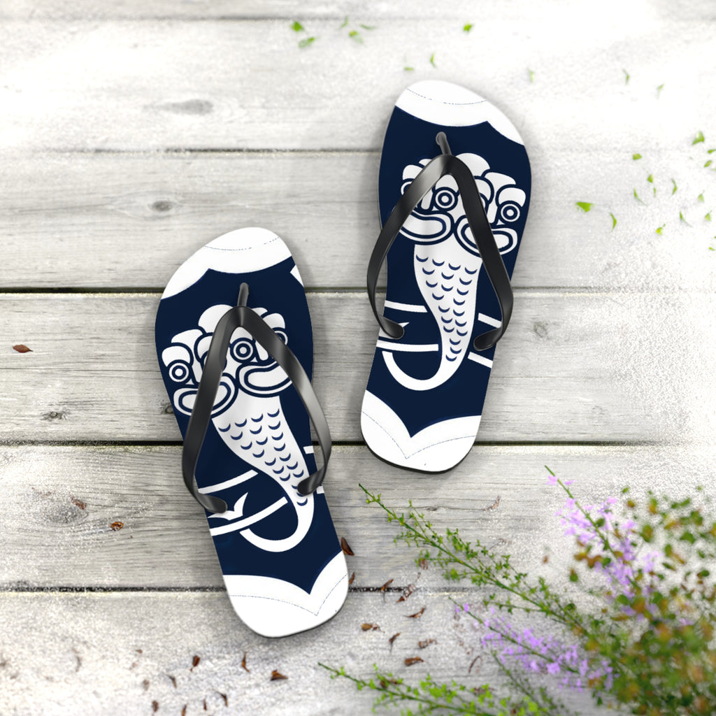 Navy Guardian Lion Flip Flops – Mythic Asian-Inspired Beach Sandals
