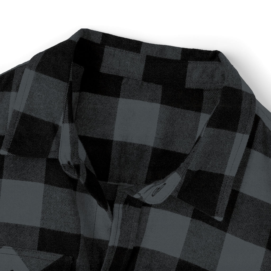Black Gray Buffalo Plaid Flannel Shirt with Shield Patch
